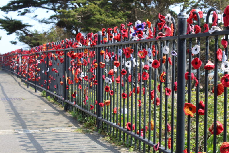 Handmade Poppies on the railings in folkstone kent