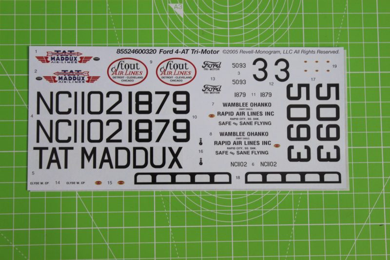 Revell 172nd Scale Ford Tri-Motor Decal Sheet