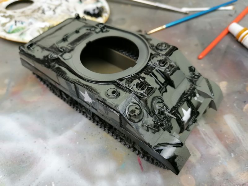 A Very Heavy Black Wash On The US Sherman Tank Model
