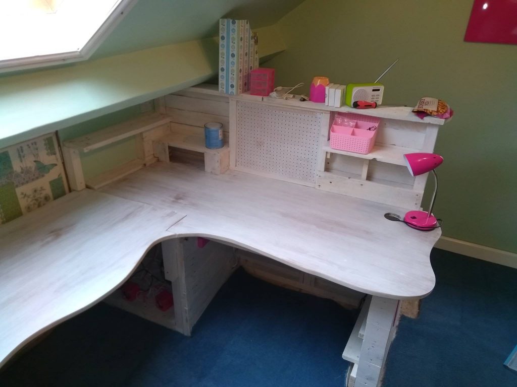 End Of Custom Bespoke Handmade Craft Table With Shelves And Pin Board