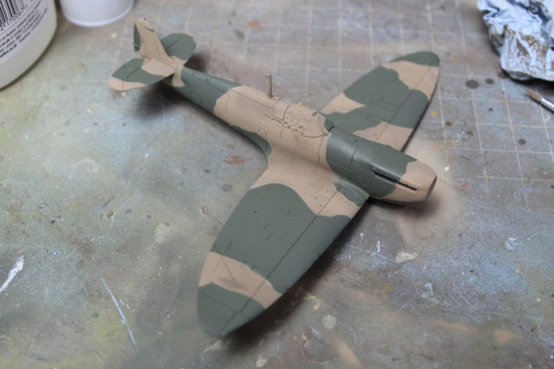 Masking Putty Removed To Leave A Camo Pattern On The Airfix Spitfire Model